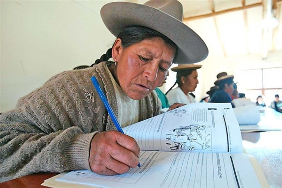 Fotografía muestra mujer andina haciendo tarea de la escuela.