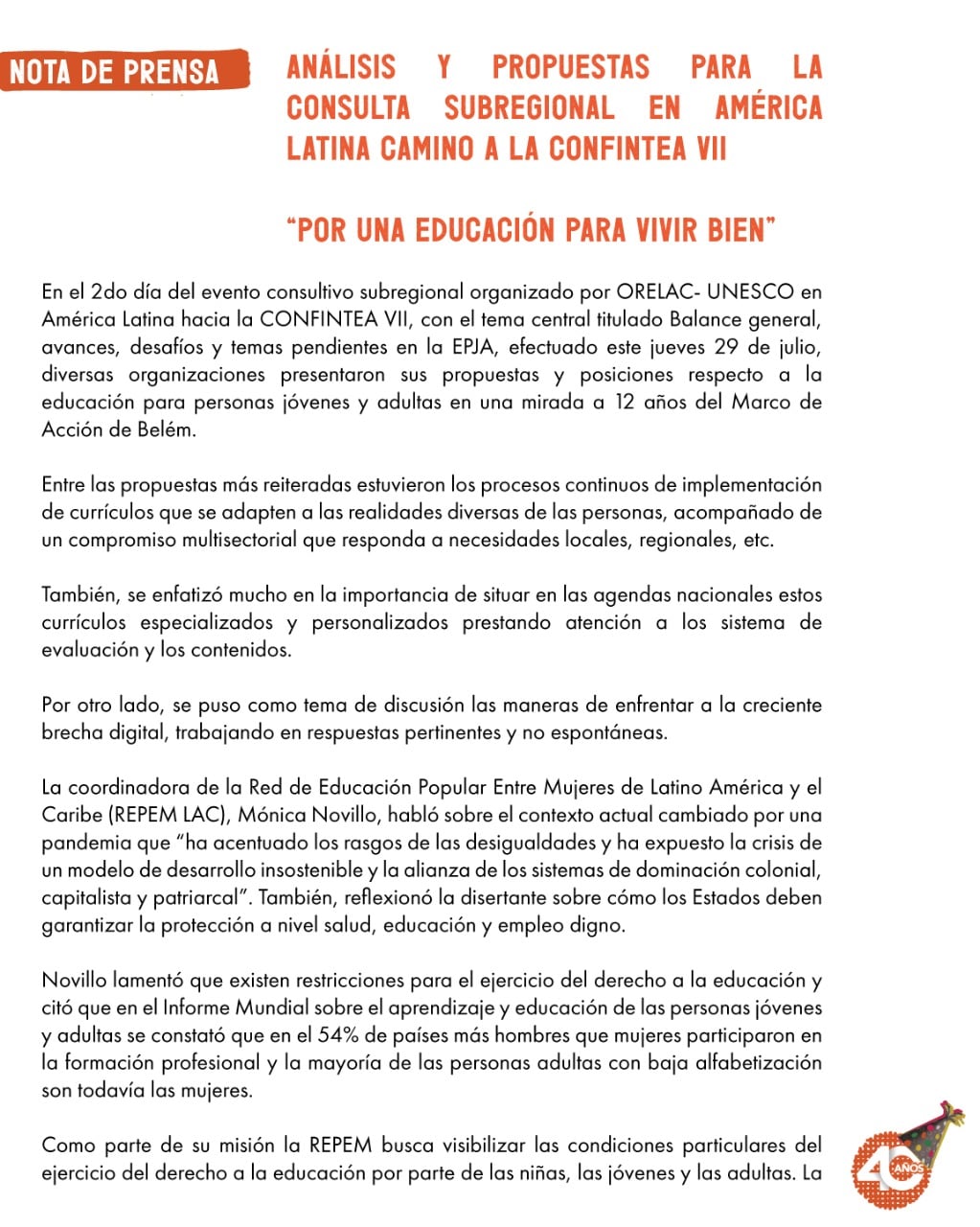 Nota de prensa producida sobre el evento consultivo subregional organizado por ORELAC-UNESCO en América Latina hacia la Confintea VII